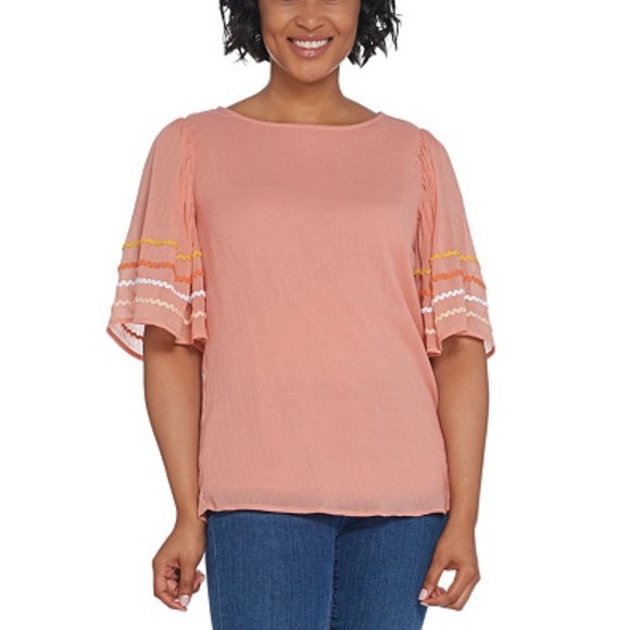 Du Jour Tops - Du Jour Flutter Sleeve Crinkle Gauze Top with Rick